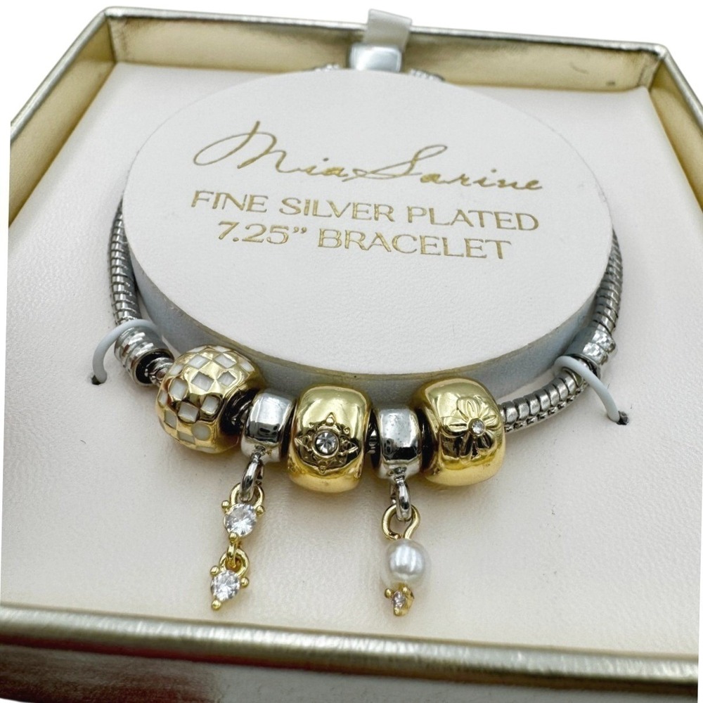 Mia Sarine Two Tone Silver Plated Charm Bracelet 7.25" NIB Delicate Charms